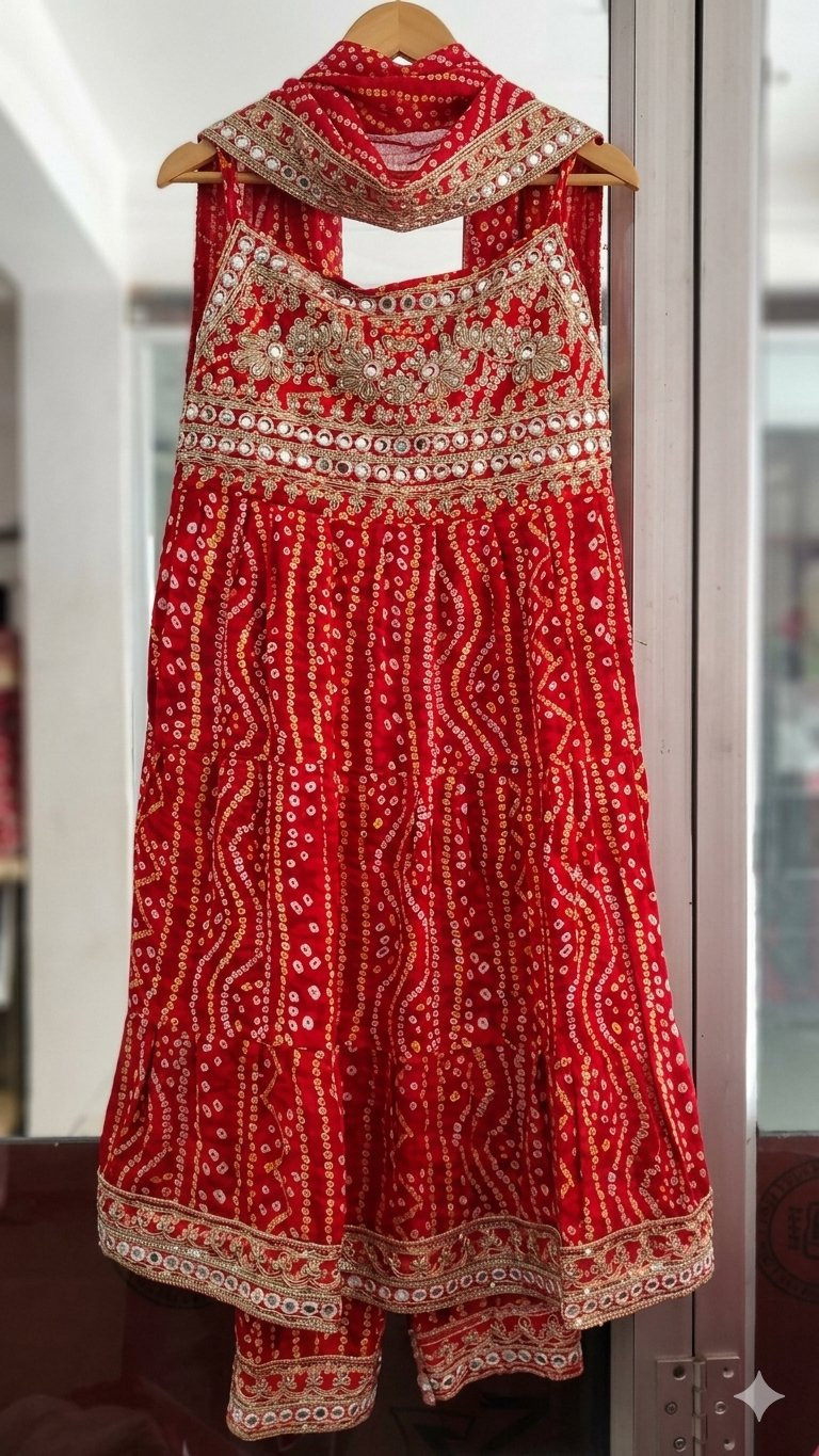 Red Bandhani Sharara/Garara Suit Set.