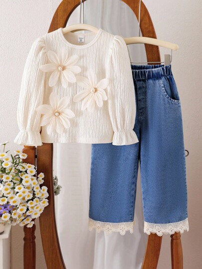 Girls' 3-Piece Denim Pants Co-ord Set.
