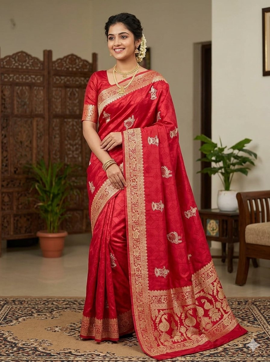 Banarasi Satin Dola Silk Saree (often featuring Zari Weaving and Peacock Motifs).