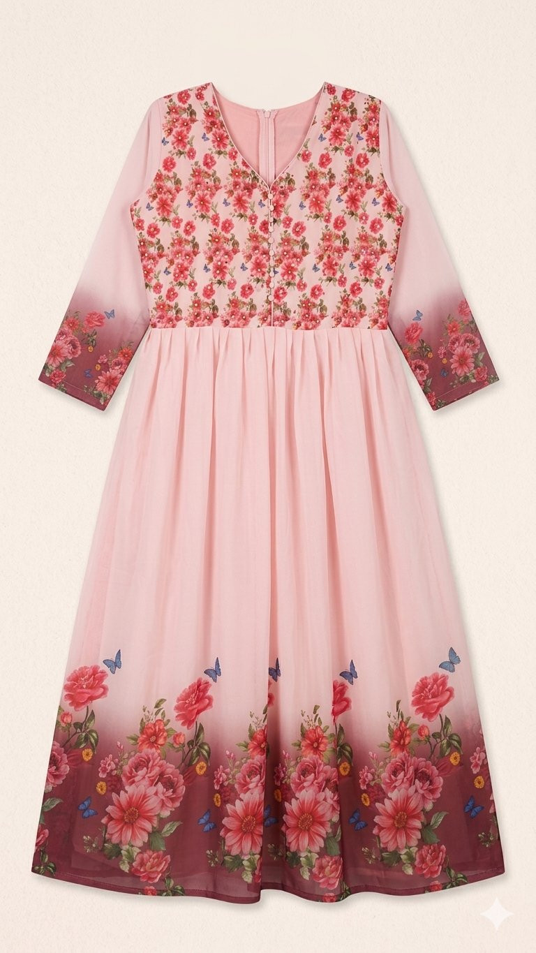 Pink Floral Print Georgette Anarkali Gown (or Long Frock).