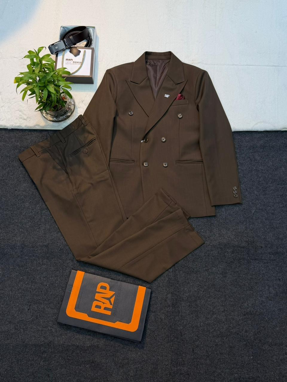 Men's Brown Double-Breasted Suit Set.