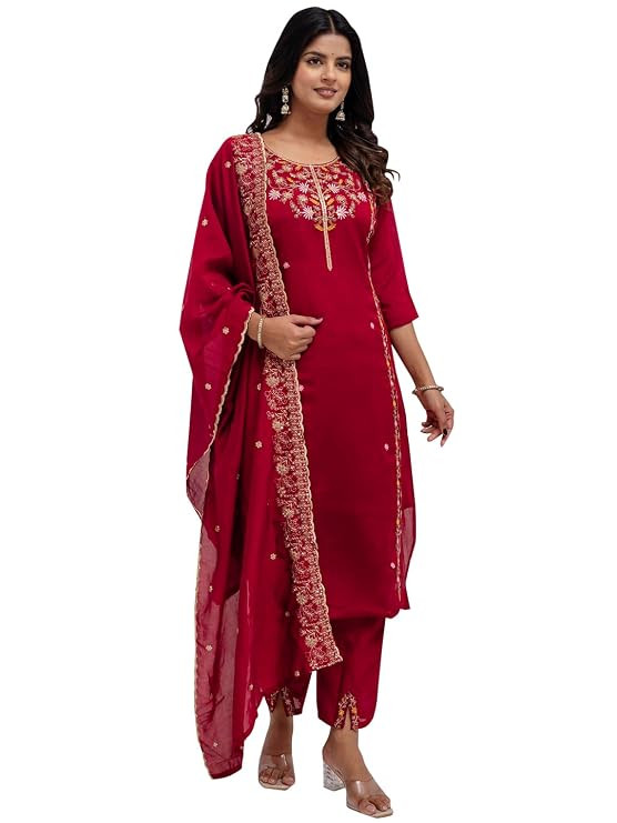 VredeVogel Women's Silk Blend Embroidery Kurta Pant Set with Inner & Dupatta | Kurta Set for Women Occasions