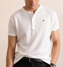 a cream-colored short-sleeve textured knit Henley shirt featuring a single-button placket and a small embroidered logo on the chest.