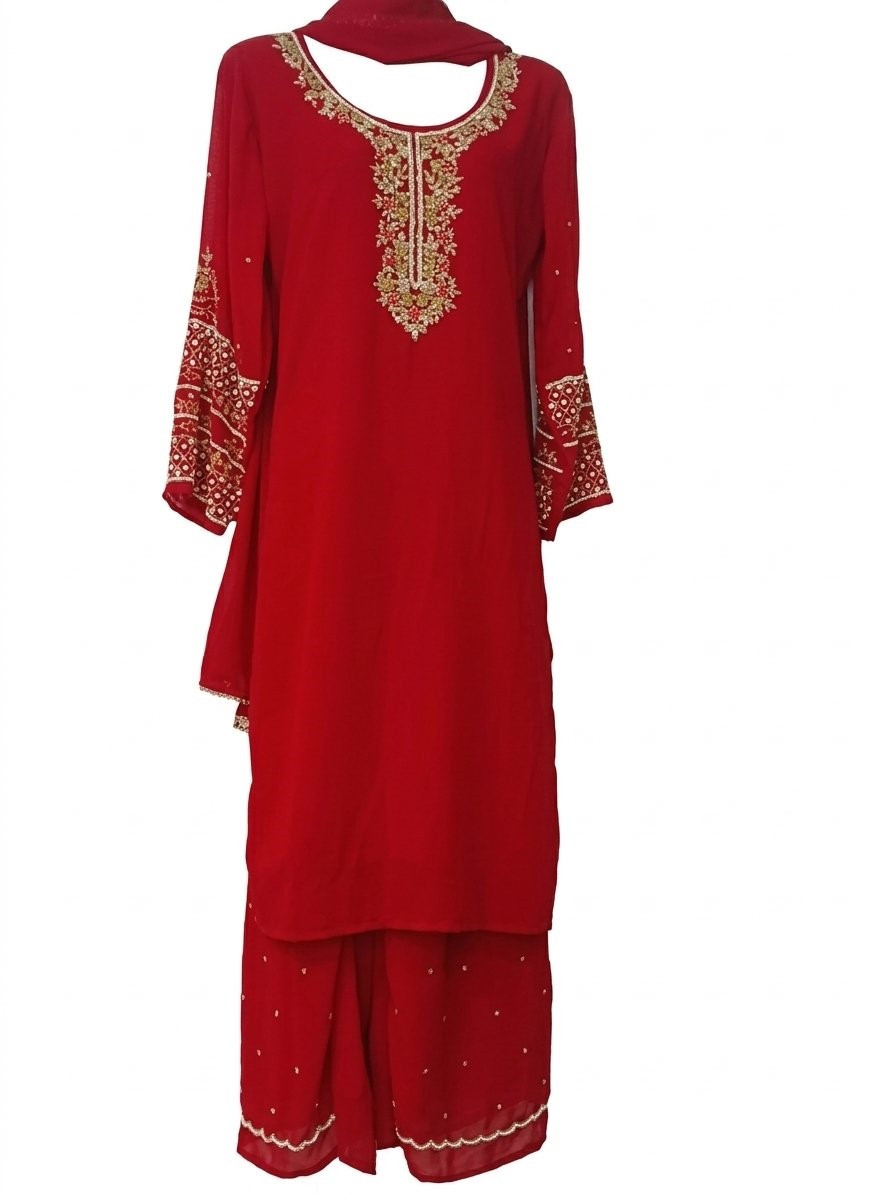 red kurti and palazzo set featuring elegant gold hand embroidery along the rounded neckline and flared sleeves.