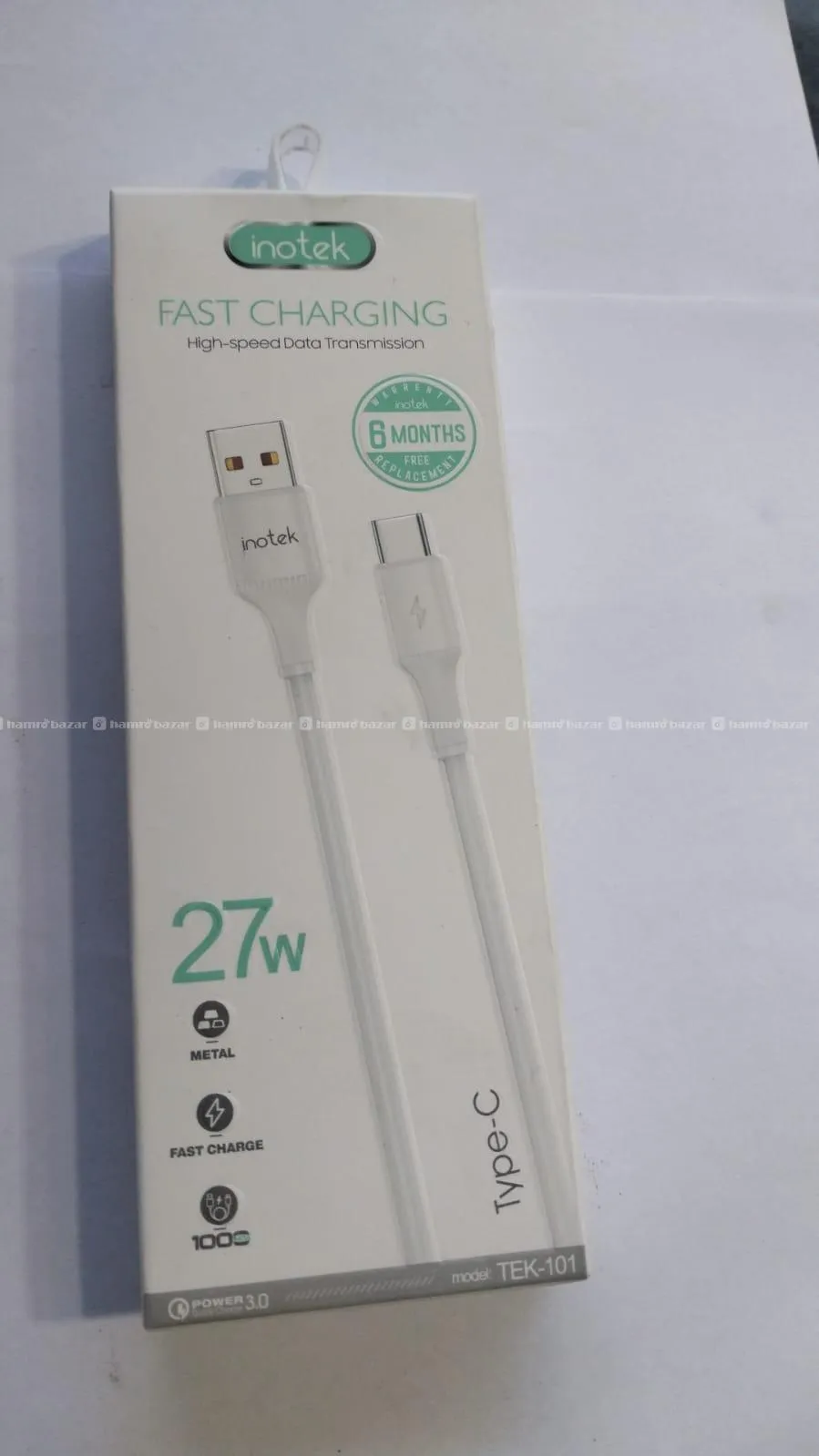 Inotek 27W Type-C to Type-C fast charging data cable, model TEK-101.