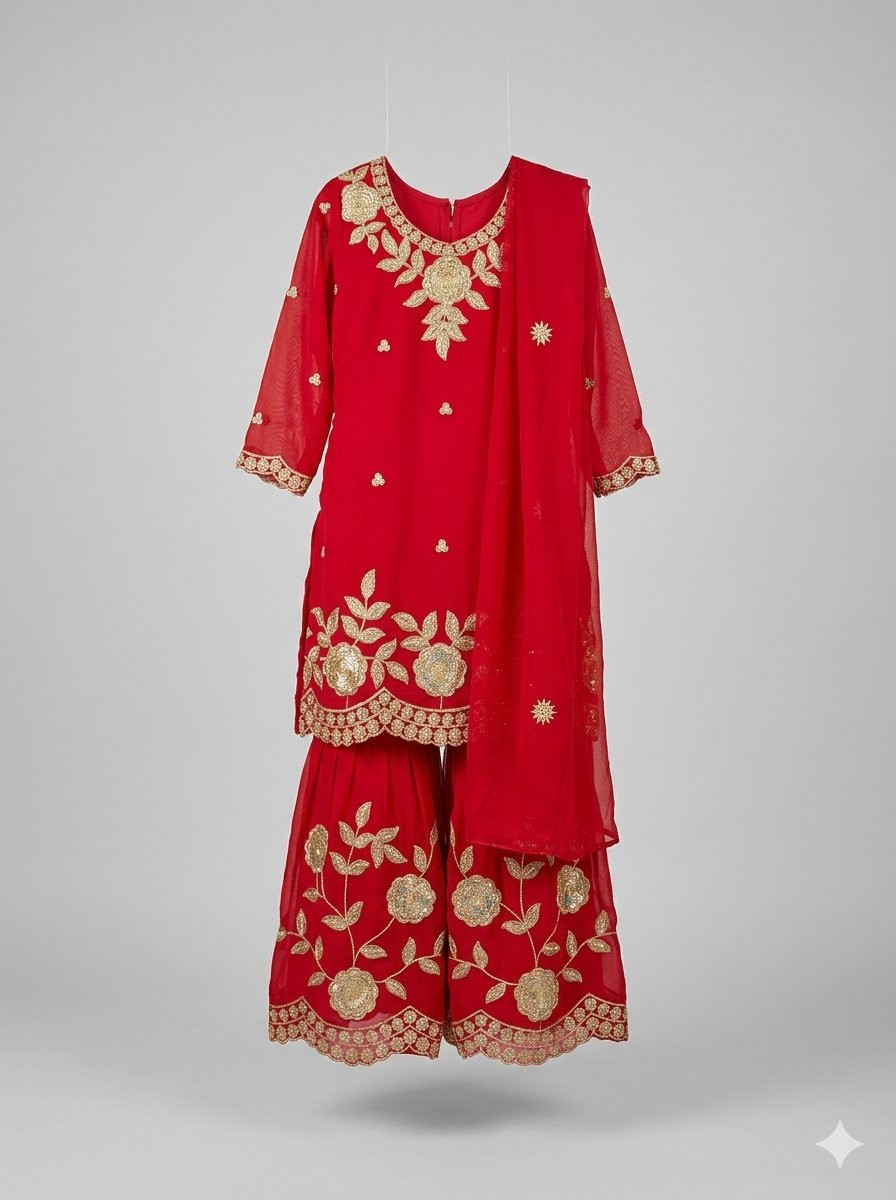 Red Embroidered Georgette Sharara Suit Set (or Sharara Kameez Dupatta Set).