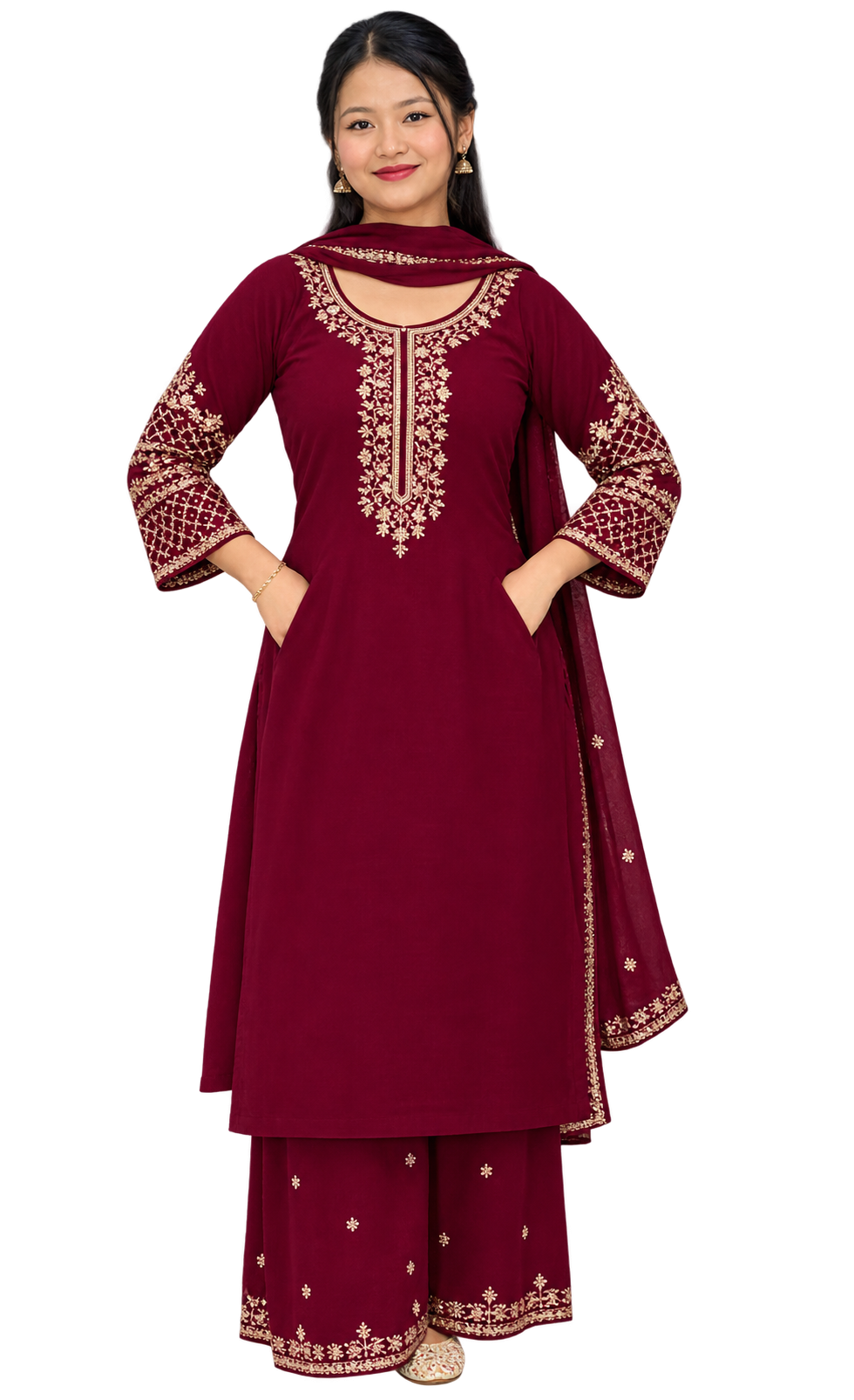 Maroon Embroidered Punjabi Suit with Palazzo Pants & Dupatta