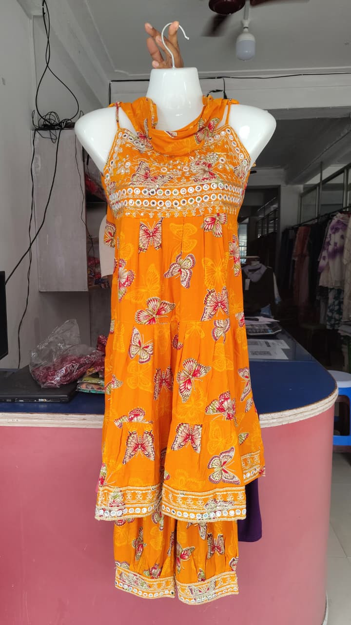 Orange Butterfly-Print Tiered Sharara Suit Set.