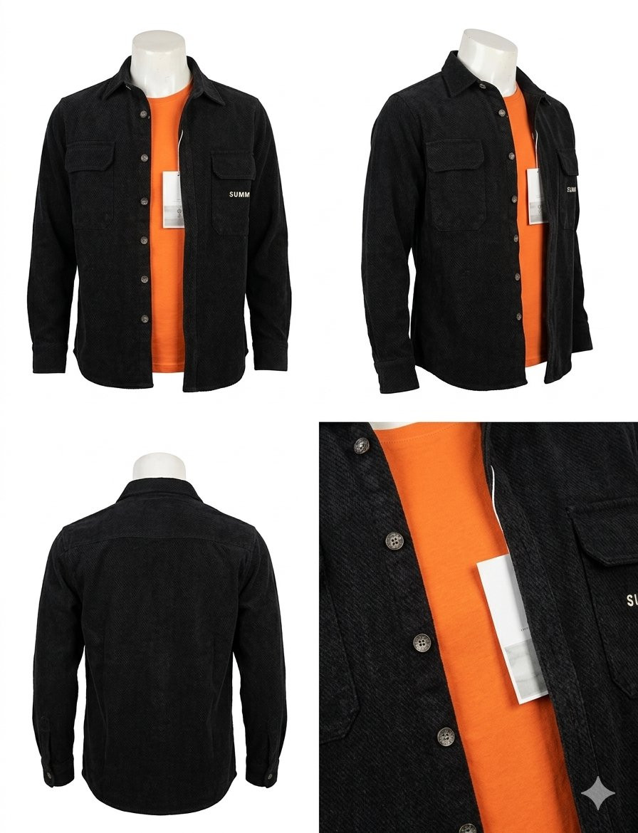 black corduroy button-down long-sleeve shirt layered over a vibrant orange t-shirt with dual chest pockets.