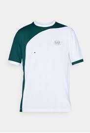 white cotton crewneck t-shirt featuring dark green colorblock sleeve panels and green chest branding