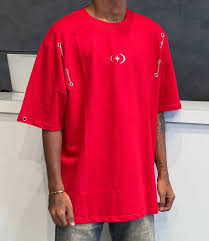 Red Studded Rivet Detail Oversized T-Shirt.