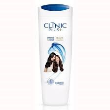 Clinic Plus Strong & Long Health Shampoo, featuring a white body with a blue flip-top cap and milk protein and multivitamin formulation