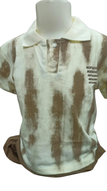 short-sleeve polo shirt in an off-white or light beige color with vertical brown tie-dye or gradient stripes and a single-button collar.