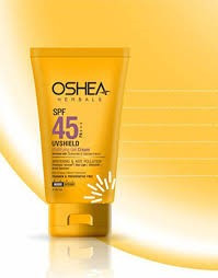 Oshea Herbals UVShield Mattifying Gel Cream SPF 45 PA+++ tube in a vibrant yellow-orange packaging.