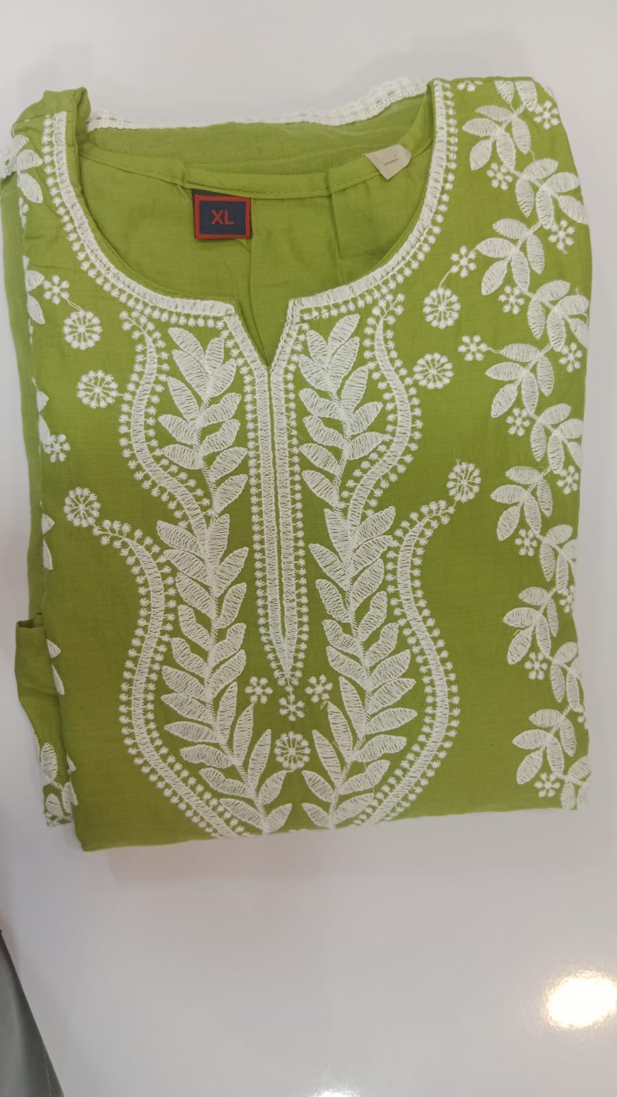 Quds Lucknowi Chikankari Kurti for Women Cotton Green Embroidered Straight Kurta Machine Embroidery Long Kurti Summer Ethnic Wear Office Wear Festive Kurta for Women Gulab