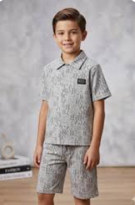 children's two-piece short-sleeve polo and shorts set featuring an all-over printed pattern.
