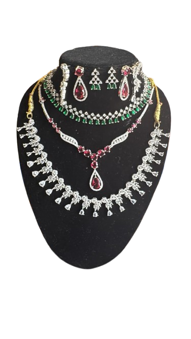 Layer Diamond Necklace Long Jewellery Set with Earrings for Women Designer Fancy Rhodium Plated Wedding Party Jewelry Sets