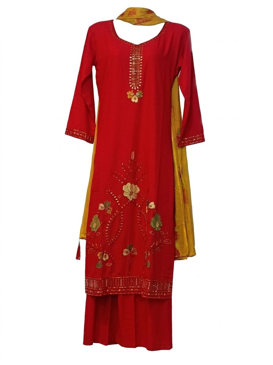 red and yellow embroidered kurta set featuring delicate golden floral embellishments on the front and sleeves
