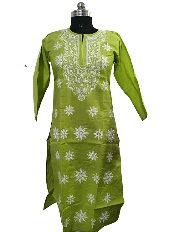 Quds Lucknowi Chikankari Kurti for Women Cotton Green Embroidered Straight Kurta Machine Embroidery Long Kurti Summer Ethnic Wear Office Wear Festive Kurta for Women Gulab