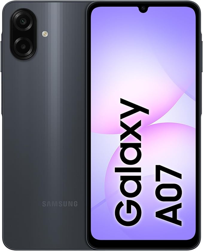retail retail packaging box of a Samsung Galaxy A07 smartphone, which includes a promotional sticker indicating a free 25W adapter and an Ncell free mobile data offer