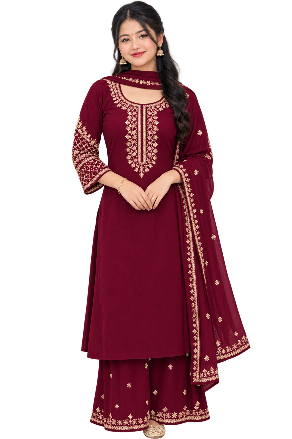 Maroon Embroidered Punjabi Suit with Palazzo Pants & Dupatta
