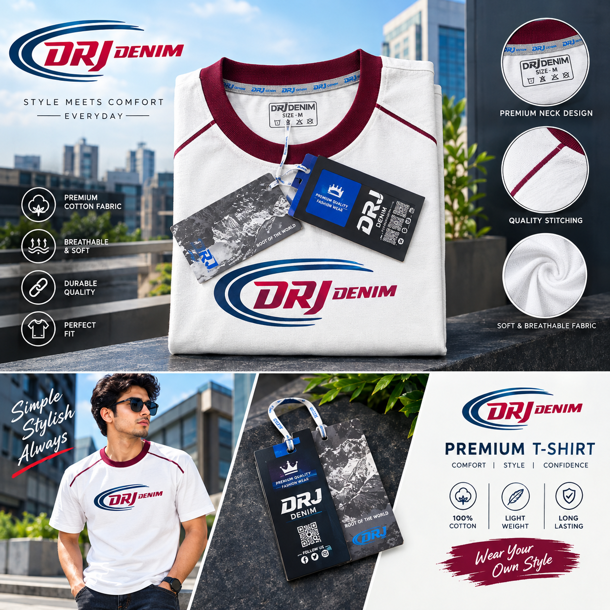 DRJ Denim Premium White T-Shirt with Burgundy Neck by Man