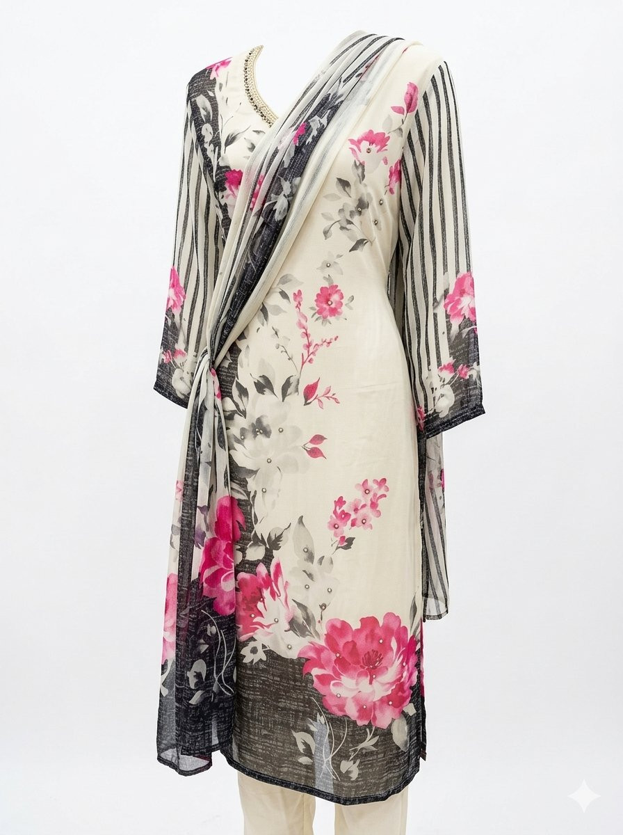 white and black floral-printed long-sleeved kurti set featuring pink flower detailing and a matching draped dupatta.