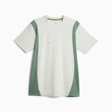 white cotton crewneck t-shirt featuring dark green colorblock sleeve panels and green chest branding