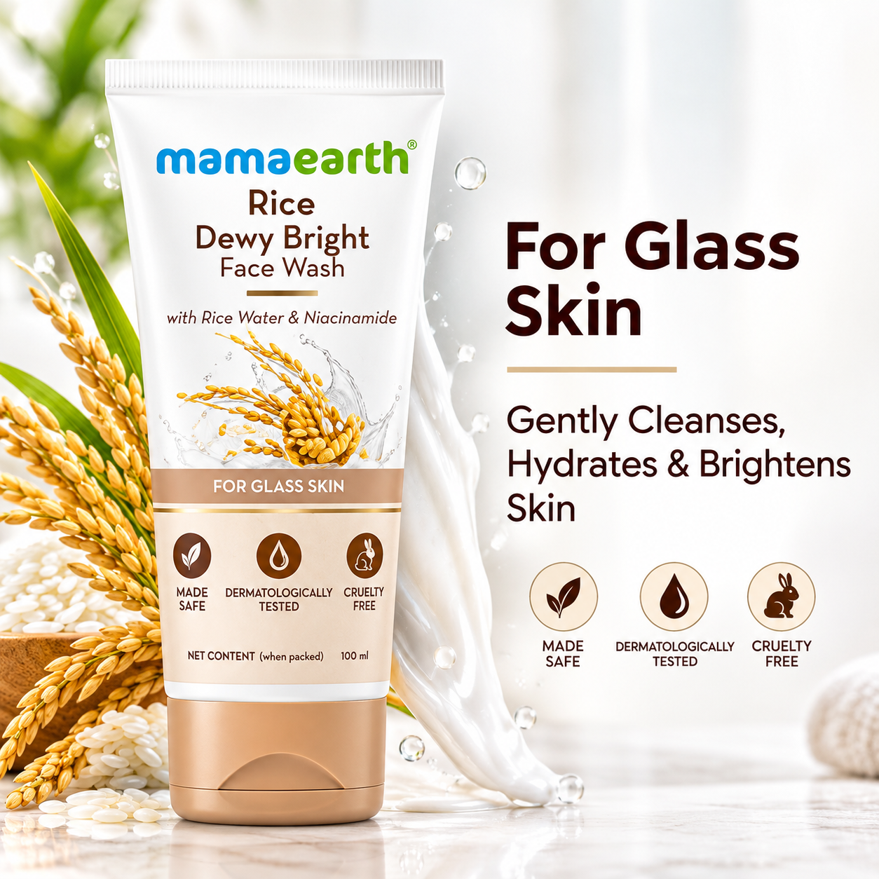 Mamaearth Rice Dewy Bright Face Wash with Rice Water & Niacinamide for Glass Skin.