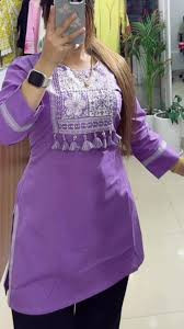 Solid Shade Tassel Accent Embroidered Yoke Cotton Short Kurti