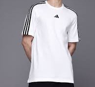 white Adidas 3-Stripes t-shirt featuring black signature stripes along the shoulders and a small central logo on the chest.