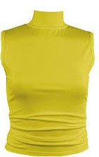 vibrant yellow, short-sleeved mock turtleneck top displayed on a mannequin.