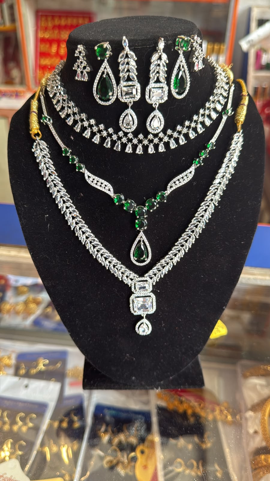 AMERICAN DIAMOND Silver Long NECKLACE With Earring & Maangtika Complete Bridal Wedding Cz Jwellery set Emerald green 3 layer necklace Set