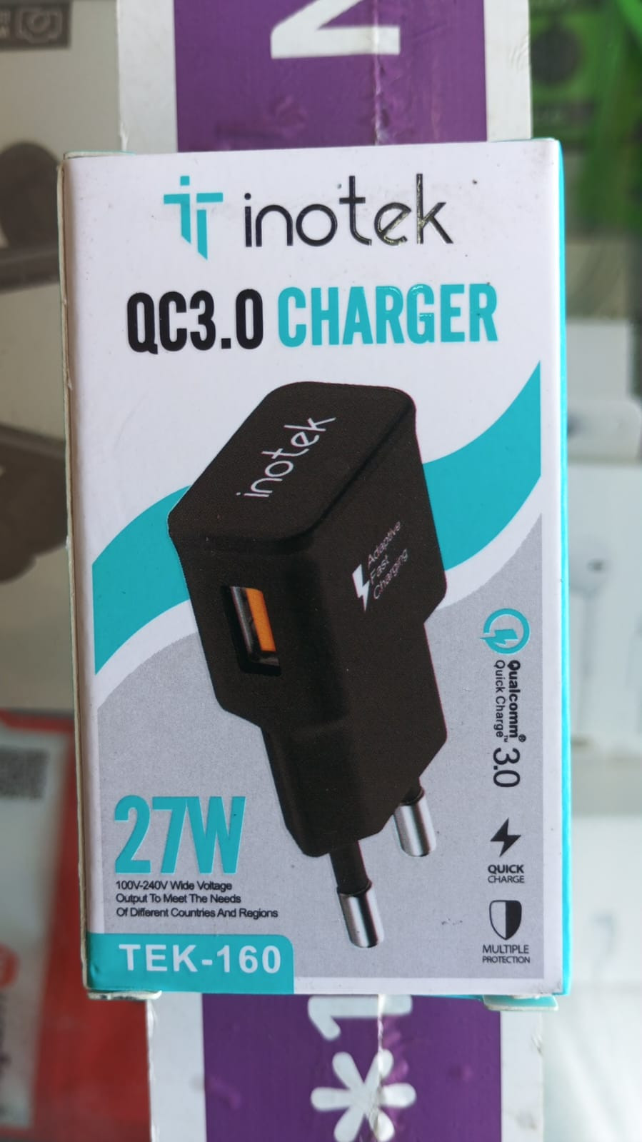 Inotek 27W QC3.0 Fast Charger (Model TEK-160) featuring a single USB-A output port and a European-style two-pin plug.