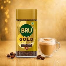 Bru Gold Edition premium freeze-dried instant coffee, featuring a rich flavor profile and a distinct gold-and-green label