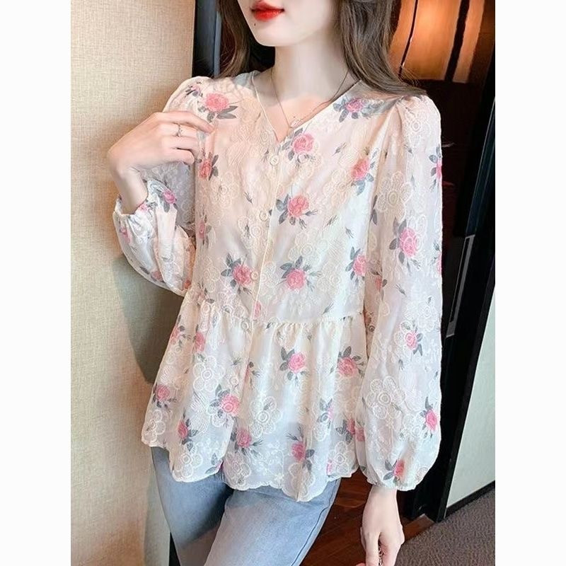 Floral Print Long Sleeve Button-Down Peplum Blouse