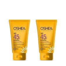 Oshea Herbals UVShield Mattifying Gel Cream SPF 45 PA+++ tube in a vibrant yellow-orange packaging.