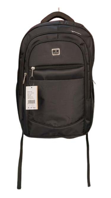 multi-compartment synthetic fabric laptop backpack with a small rectangular logo patch on the front upper section.