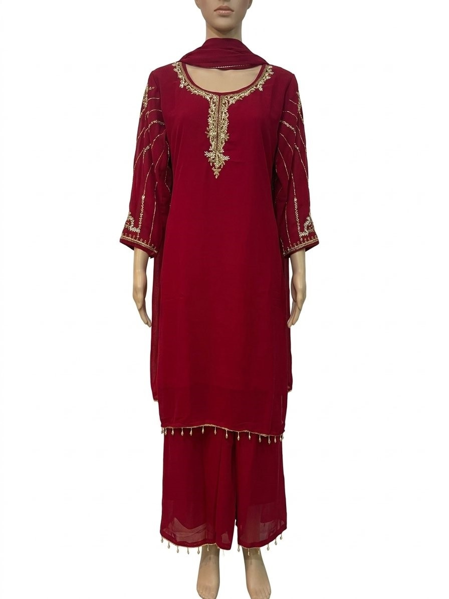 maroon georgette handwork kurti set,