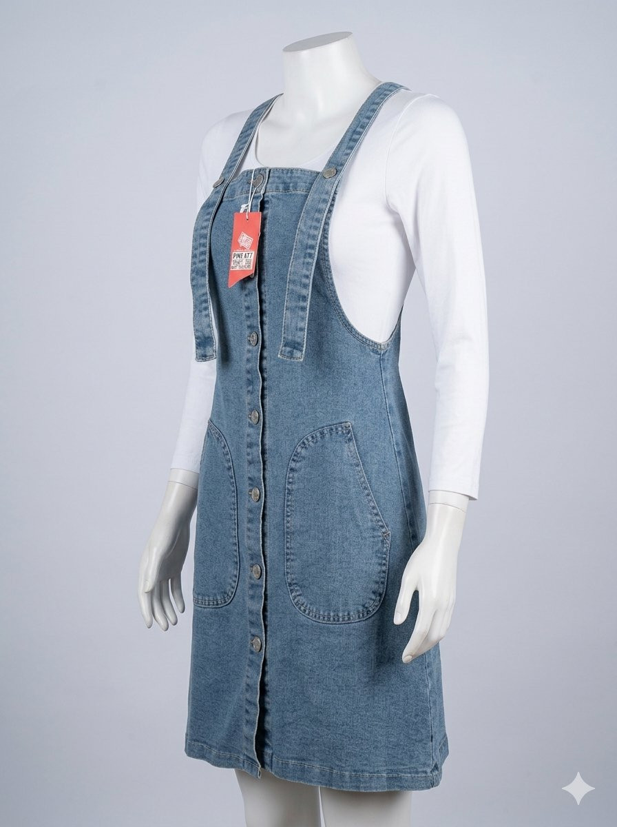 Denim button-front pinafore overall dress.